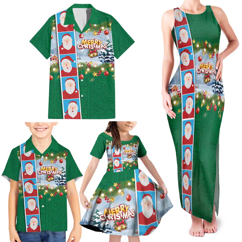 Merry Christmas Family Matching Tank Maxi Dress and Hawaiian Shirt Funny Santa Claus Cards Photo and Polynesian Pattern Green Color LT03 - Polynesian Pride