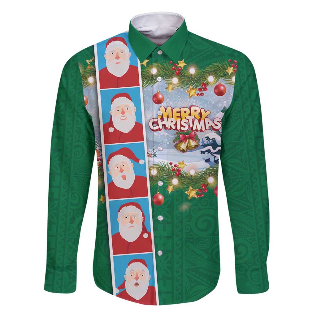 Merry Christmas Family Matching Tank Maxi Dress and Hawaiian Shirt Funny Santa Claus Cards Photo and Polynesian Pattern Green Color LT03 Dad's Shirt - Long Sleeve Green - Polynesian Pride