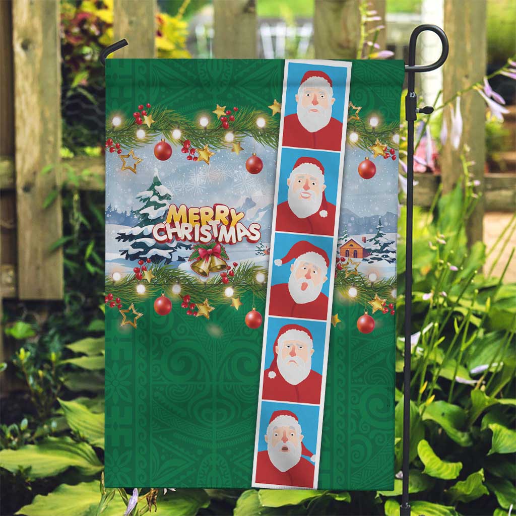 Merry Christmas Garden Flag Funny Santa Claus Cards Photo and Polynesian Pattern Green Color LT03 Garden Flag Green - Polynesian Pride