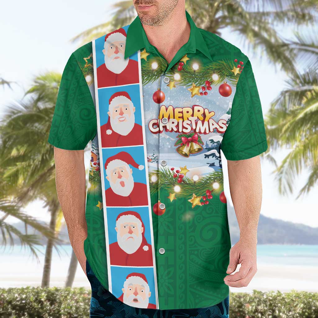 Merry Christmas Hawaiian Shirt Funny Santa Claus Cards Photo and Polynesian Pattern Green Color LT03 - Polynesian Pride