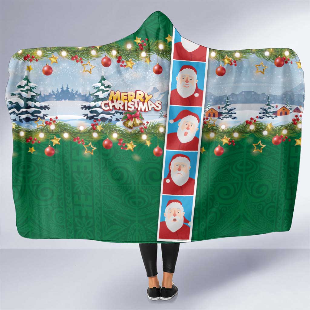 Merry Christmas Hooded Blanket Funny Santa Claus Cards Photo and Polynesian Pattern Green Color LT03 One Size Green - Polynesian Pride