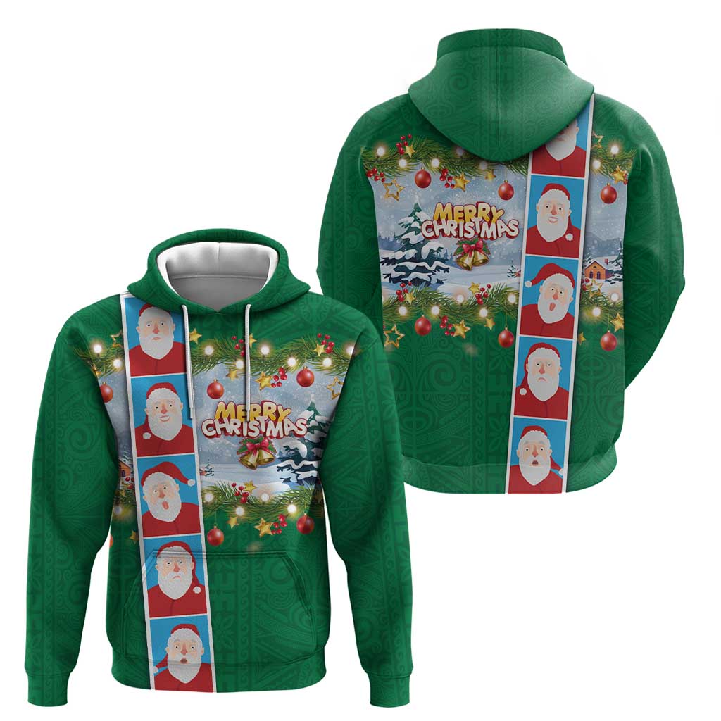 Merry Christmas Hoodie Funny Santa Claus Cards Photo and Polynesian Pattern Green Color LT03 - Polynesian Pride