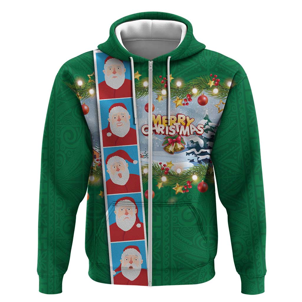 Merry Christmas Hoodie Funny Santa Claus Cards Photo and Polynesian Pattern Green Color LT03 Zip Hoodie Green - Polynesian Pride