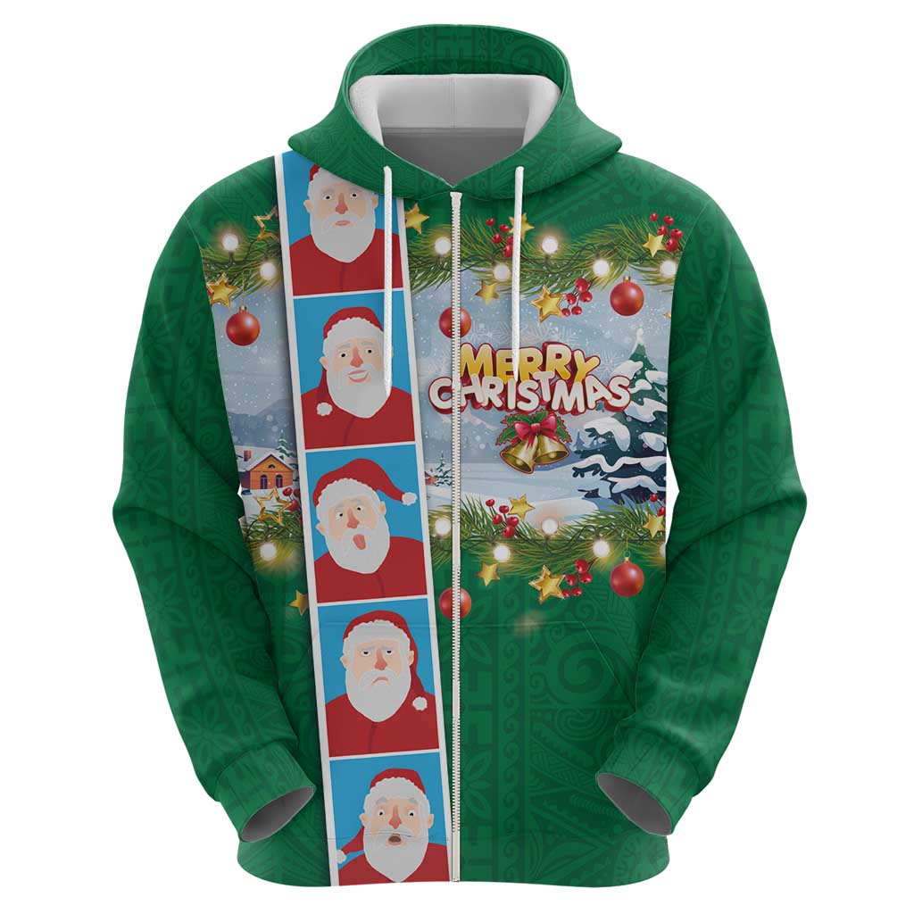 Merry Christmas Hoodie Funny Santa Claus Cards Photo and Polynesian Pattern Green Color LT03 - Polynesian Pride