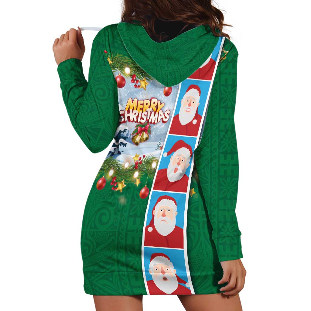 Merry Christmas Hoodie Dress Funny Santa Claus Cards Photo and Polynesian Pattern Green Color LT03 - Polynesian Pride
