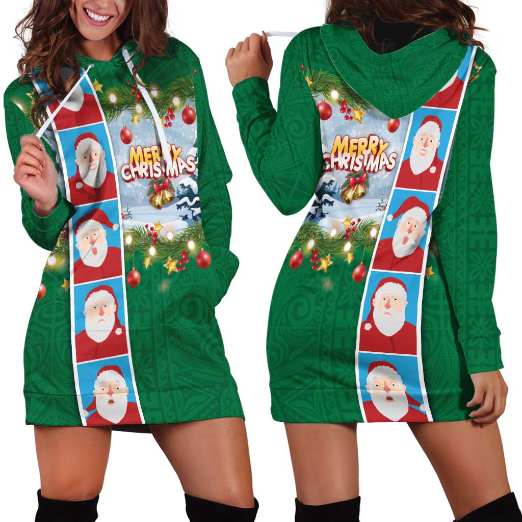 Merry Christmas Hoodie Dress Funny Santa Claus Cards Photo and Polynesian Pattern Green Color LT03 - Polynesian Pride