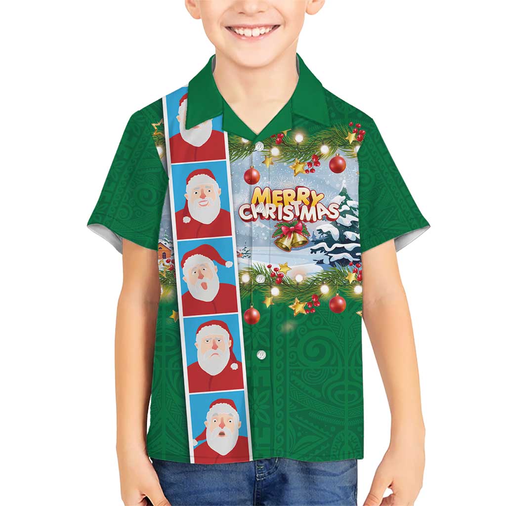 Merry Christmas Kid Hawaiian Shirt Funny Santa Claus Cards Photo and Polynesian Pattern Green Color LT03 Kid Green - Polynesian Pride