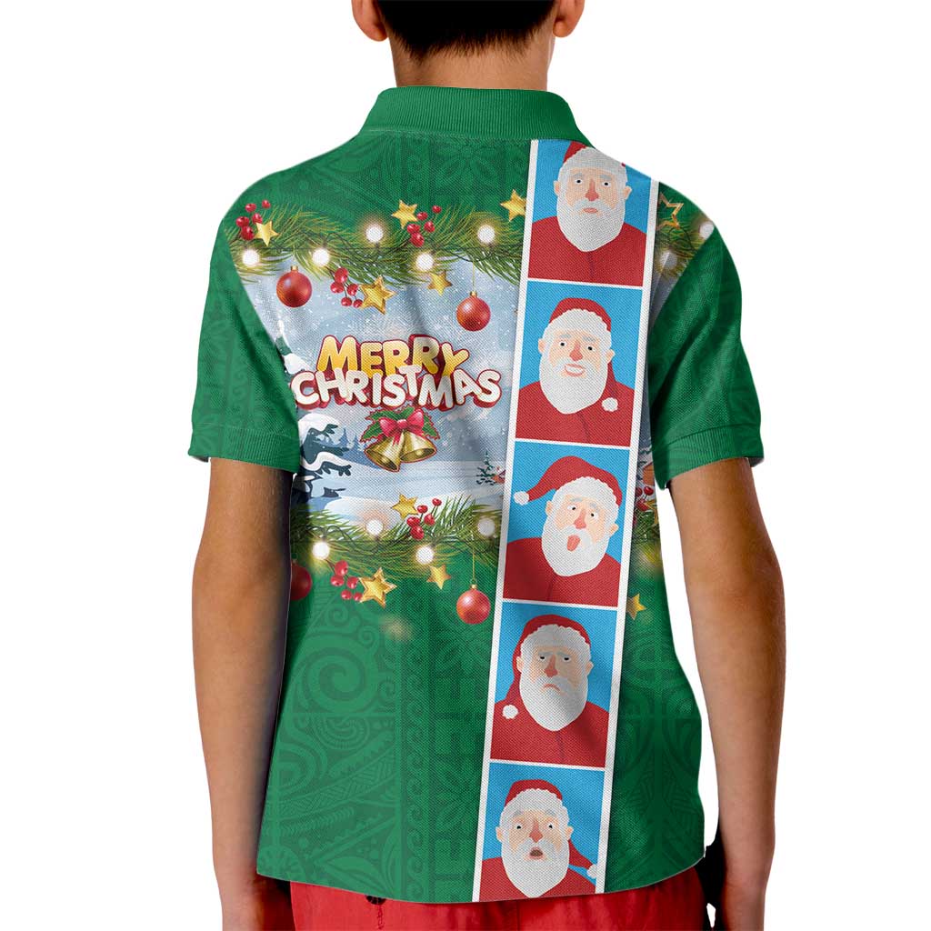 Merry Christmas Kid Polo Shirt Funny Santa Claus Cards Photo and Polynesian Pattern Green Color LT03 - Polynesian Pride
