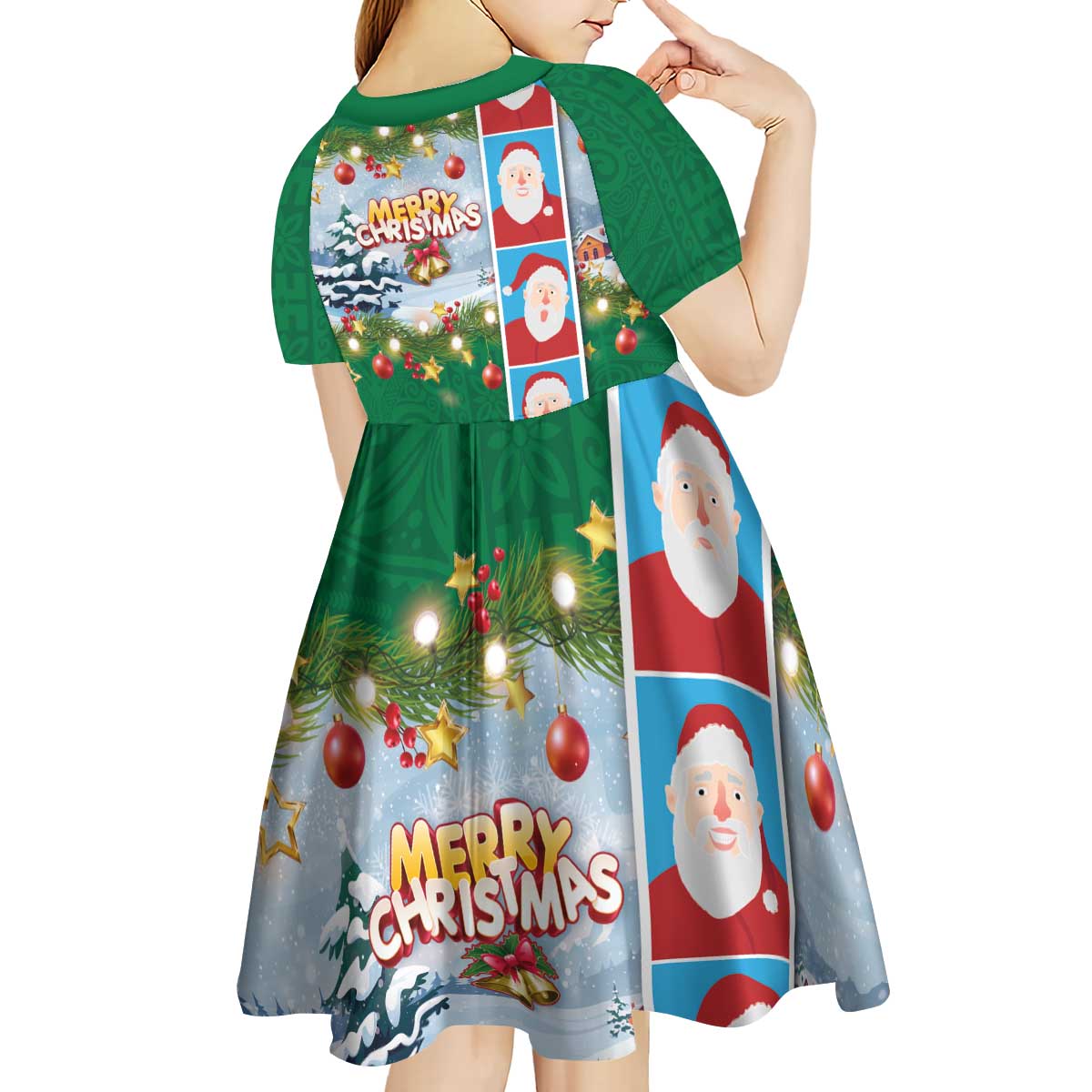 Merry Christmas Kid Short Sleeve Dress Funny Santa Claus Cards Photo and Polynesian Pattern Green Color LT03 - Polynesian Pride