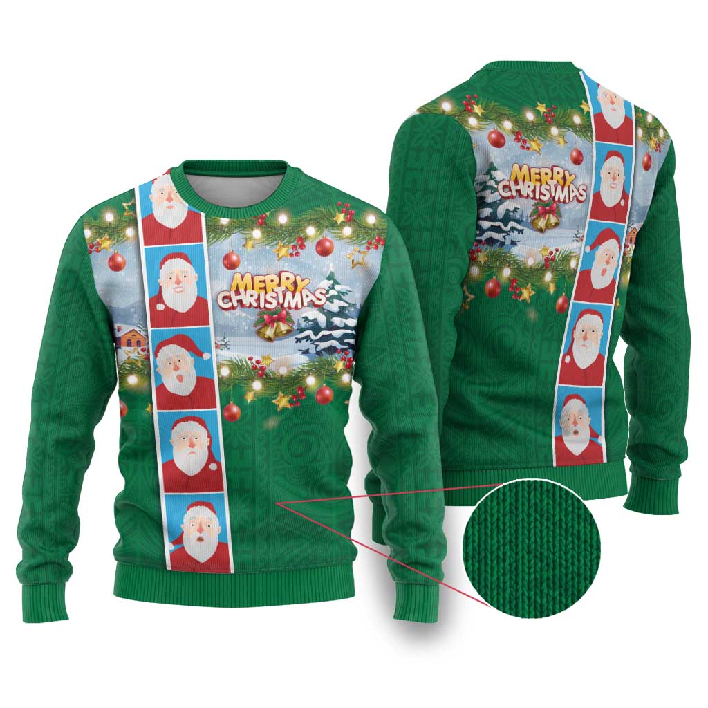 Merry Christmas Ugly Christmas Sweater Funny Santa Claus Cards Photo and Polynesian Pattern Green Color LT03 Green - Polynesian Pride
