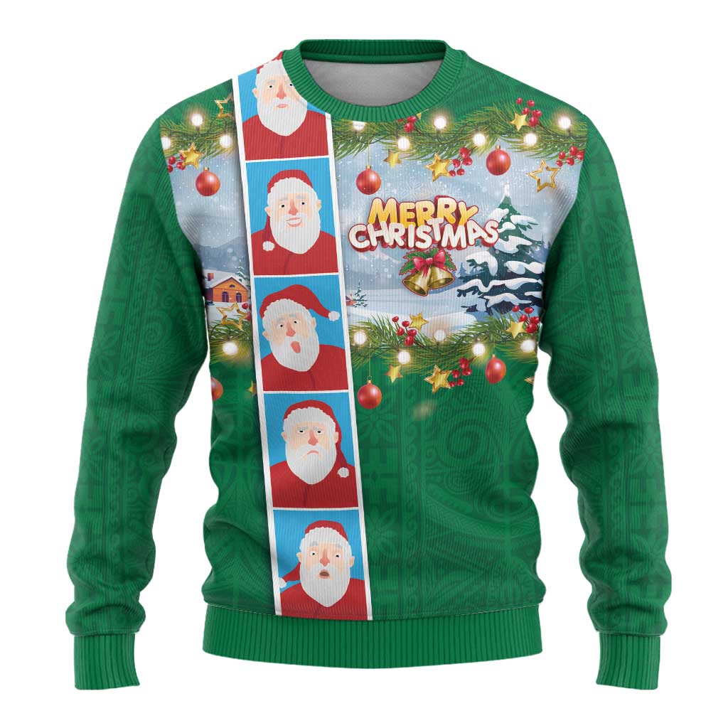 Merry Christmas Ugly Christmas Sweater Funny Santa Claus Cards Photo and Polynesian Pattern Green Color LT03 - Polynesian Pride