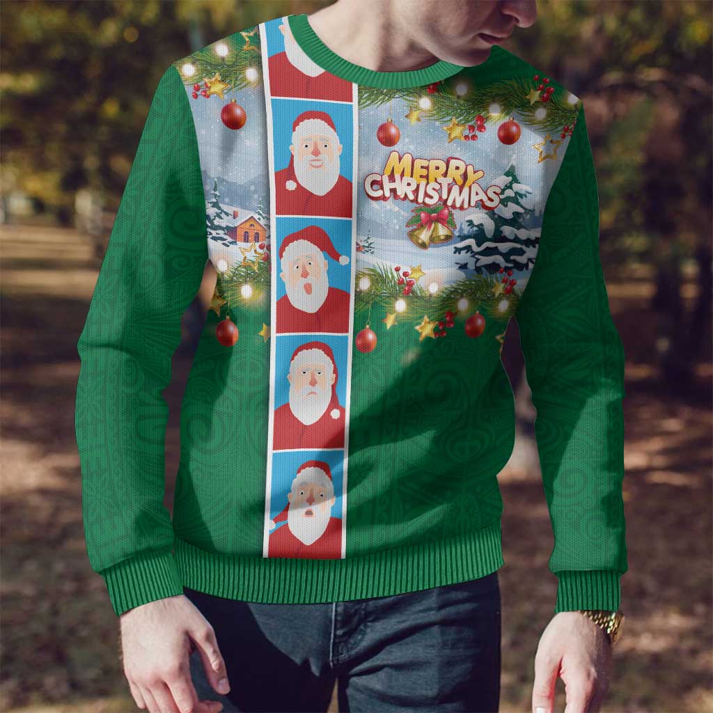 Merry Christmas Ugly Christmas Sweater Funny Santa Claus Cards Photo and Polynesian Pattern Green Color LT03 - Polynesian Pride