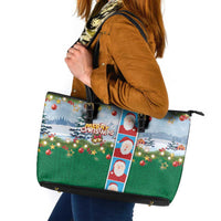 Merry Christmas Leather Tote Bag Funny Santa Claus Cards Photo and Polynesian Pattern Green Color LT03 Green - Polynesian Pride