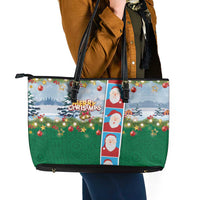 Merry Christmas Leather Tote Bag Funny Santa Claus Cards Photo and Polynesian Pattern Green Color LT03 - Polynesian Pride