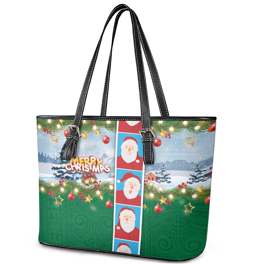 Merry Christmas Leather Tote Bag Funny Santa Claus Cards Photo and Polynesian Pattern Green Color LT03 - Polynesian Pride