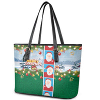 Merry Christmas Leather Tote Bag Funny Santa Claus Cards Photo and Polynesian Pattern Green Color LT03 - Polynesian Pride