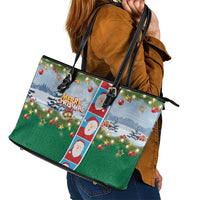 Merry Christmas Leather Tote Bag Funny Santa Claus Cards Photo and Polynesian Pattern Green Color LT03 - Polynesian Pride