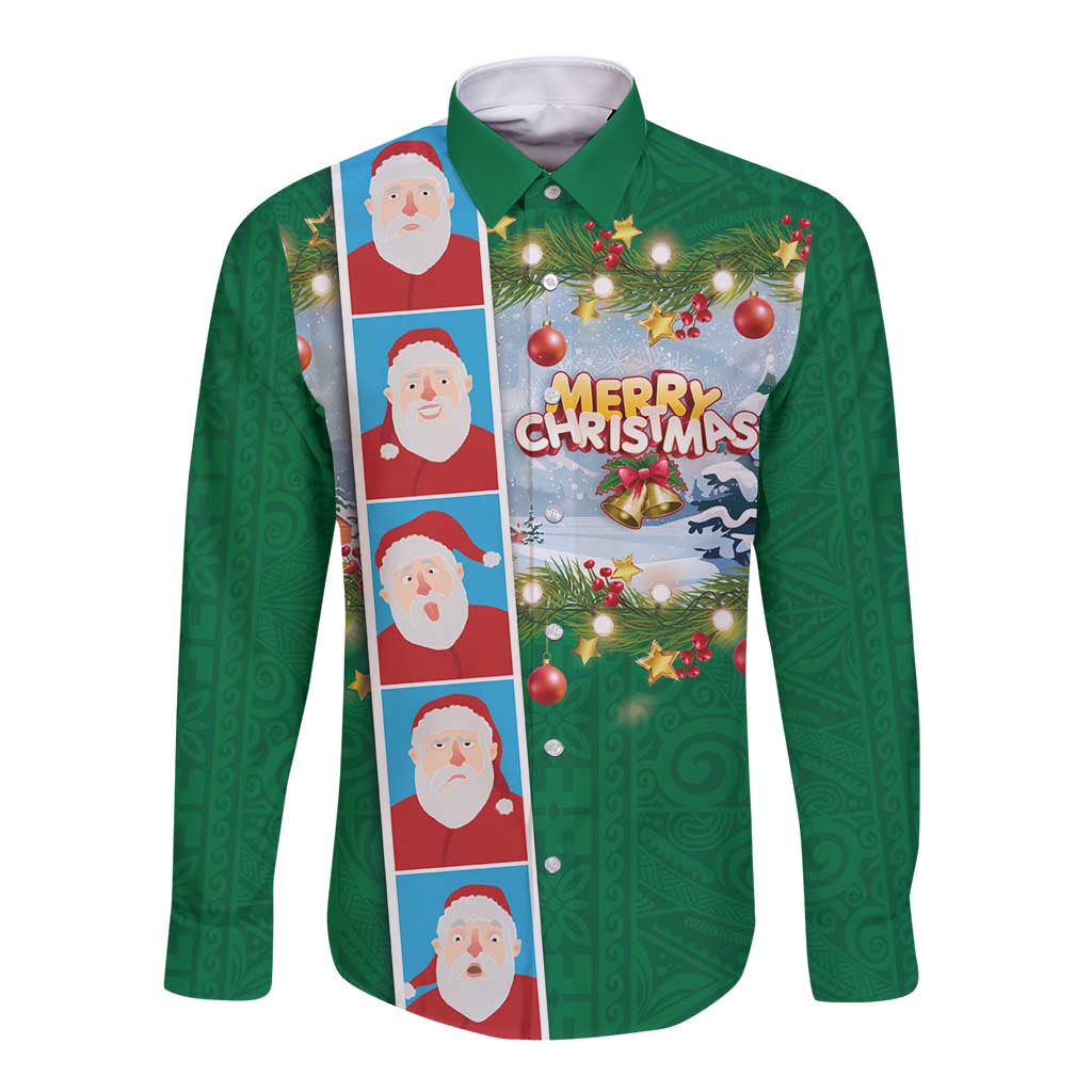 Merry Christmas Long Sleeve Button Shirt Funny Santa Claus Cards Photo and Polynesian Pattern Green Color LT03 Unisex Green - Polynesian Pride