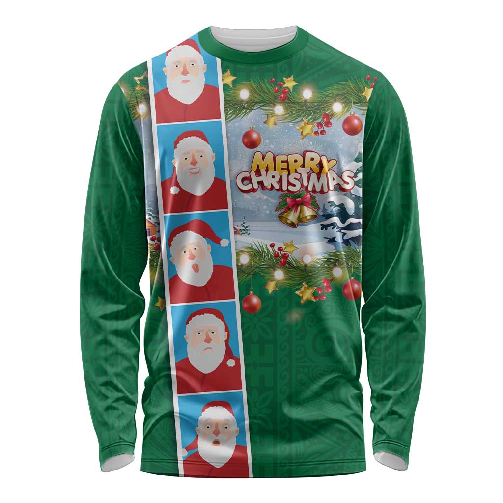 Merry Christmas Long Sleeve Shirt Funny Santa Claus Cards Photo and Polynesian Pattern Green Color LT03 Unisex Green - Polynesian Pride