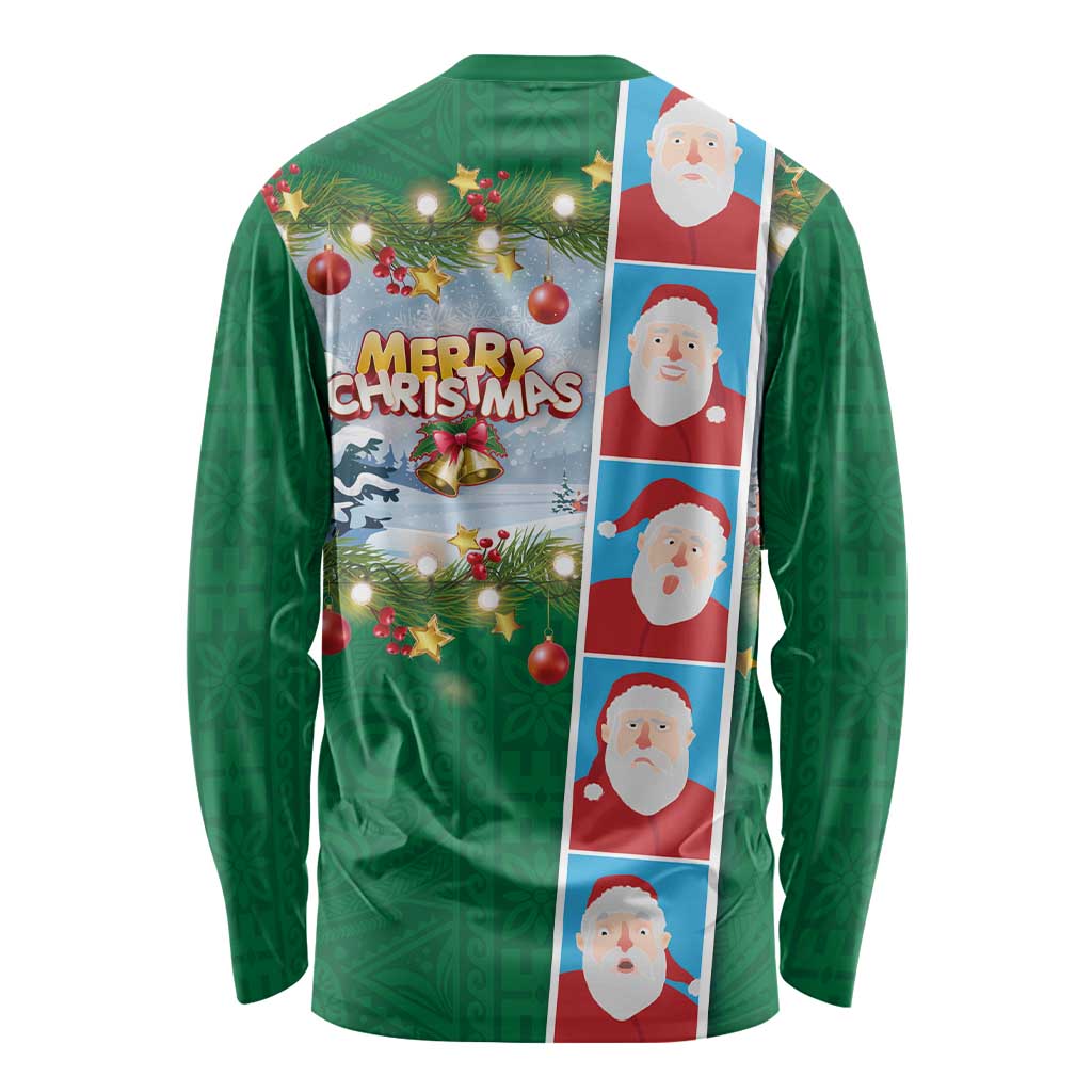 Merry Christmas Long Sleeve Shirt Funny Santa Claus Cards Photo and Polynesian Pattern Green Color LT03 - Polynesian Pride