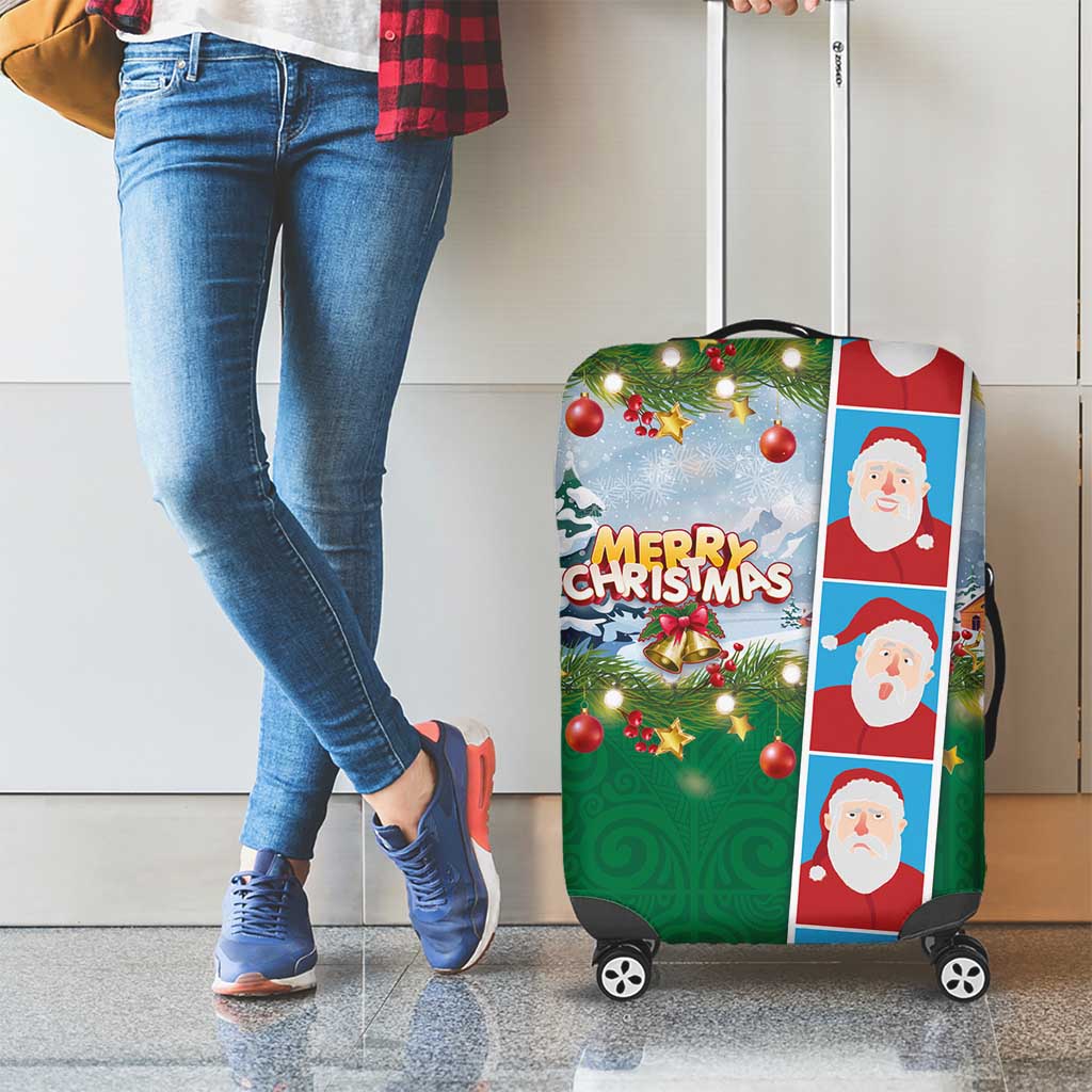 Merry Christmas Luggage Cover Funny Santa Claus Cards Photo and Polynesian Pattern Green Color LT03 - Polynesian Pride