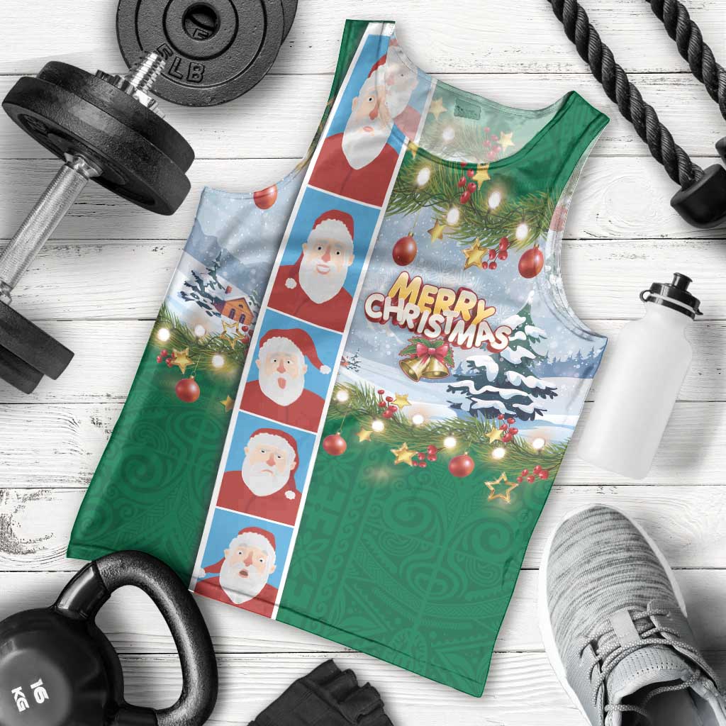 Merry Christmas Men Tank Top Funny Santa Claus Cards Photo and Polynesian Pattern Green Color LT03 - Polynesian Pride