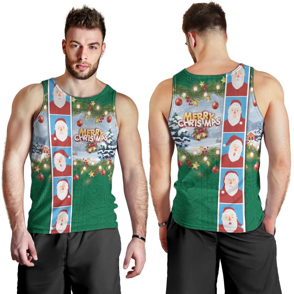 Merry Christmas Men Tank Top Funny Santa Claus Cards Photo and Polynesian Pattern Green Color LT03 - Polynesian Pride