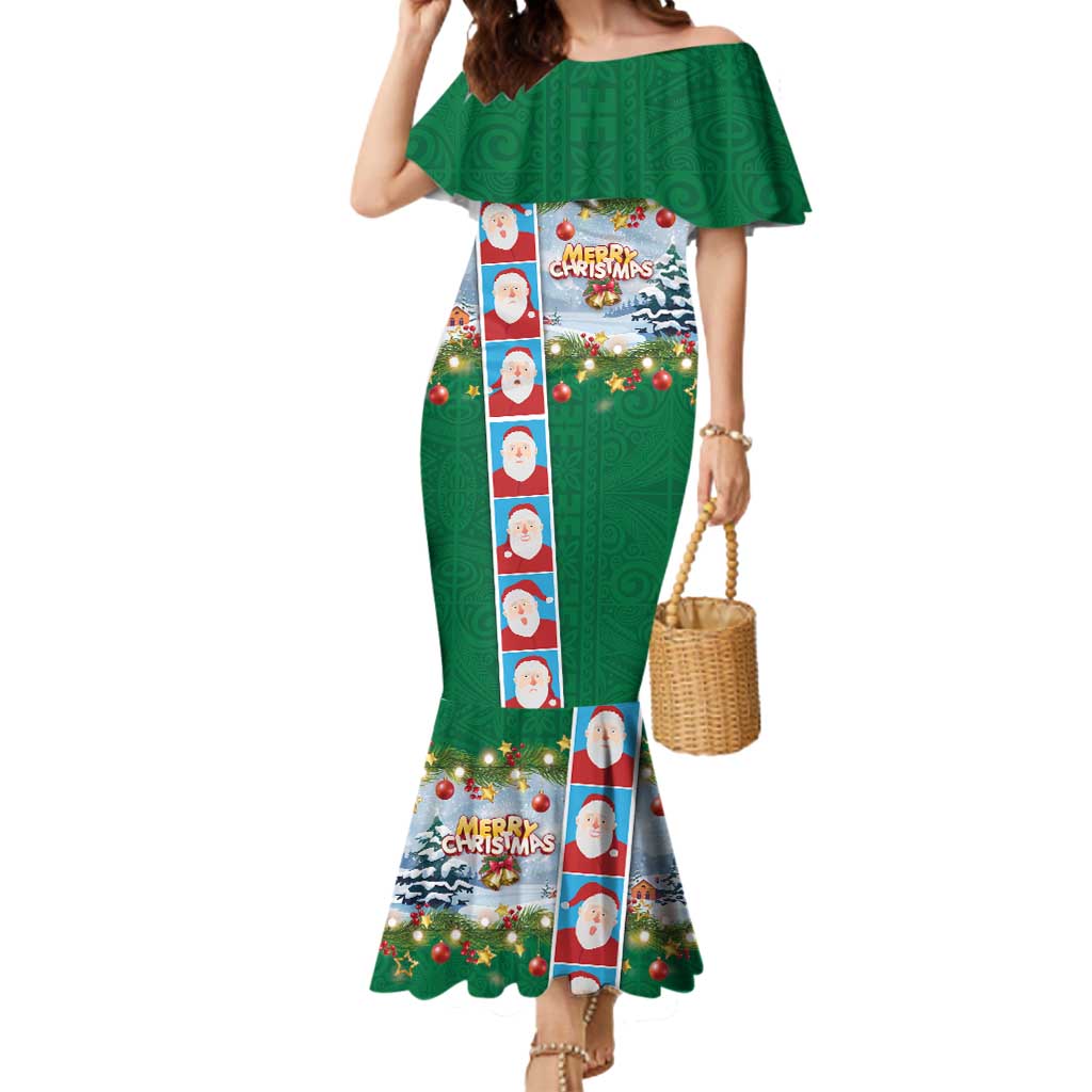 Merry Christmas Mermaid Dress Funny Santa Claus Cards Photo and Polynesian Pattern Green Color LT03 Women Green - Polynesian Pride
