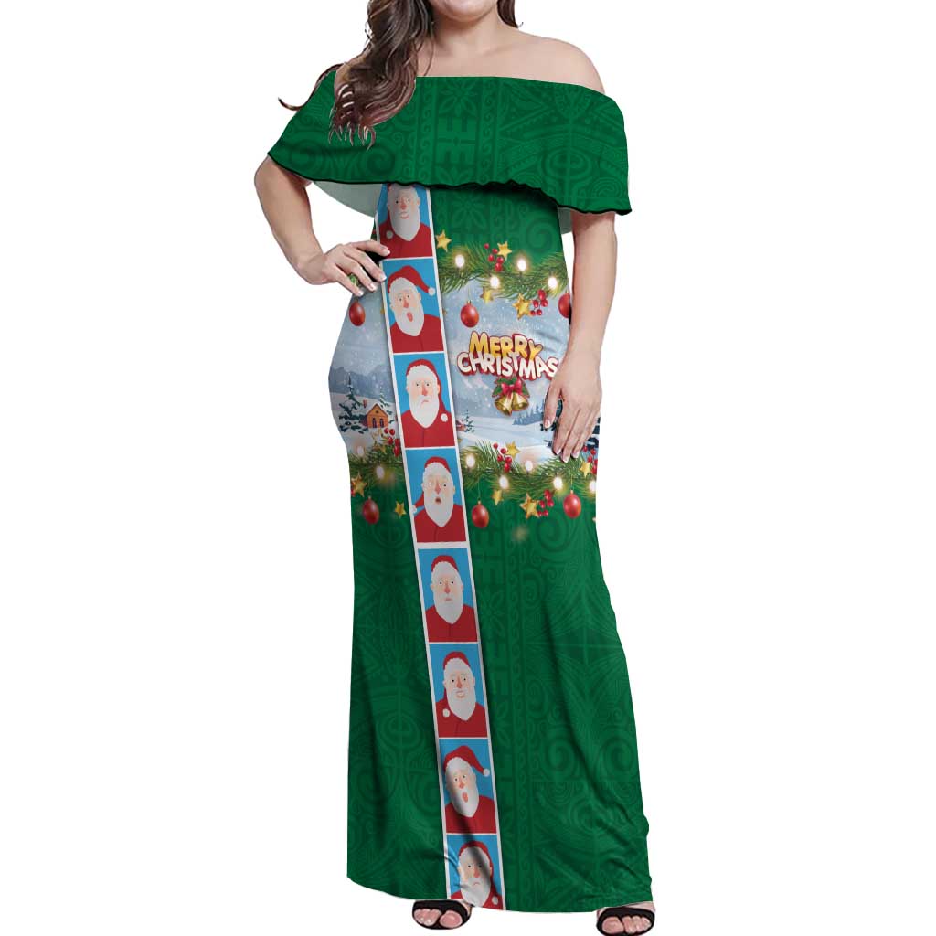 Merry Christmas Off Shoulder Maxi Dress Funny Santa Claus Cards Photo and Polynesian Pattern Green Color LT03 Women Green - Polynesian Pride