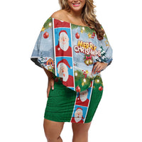 Merry Christmas Off Shoulder Short Dress Funny Santa Claus Cards Photo and Polynesian Pattern Green Color LT03 Women Green - Polynesian Pride