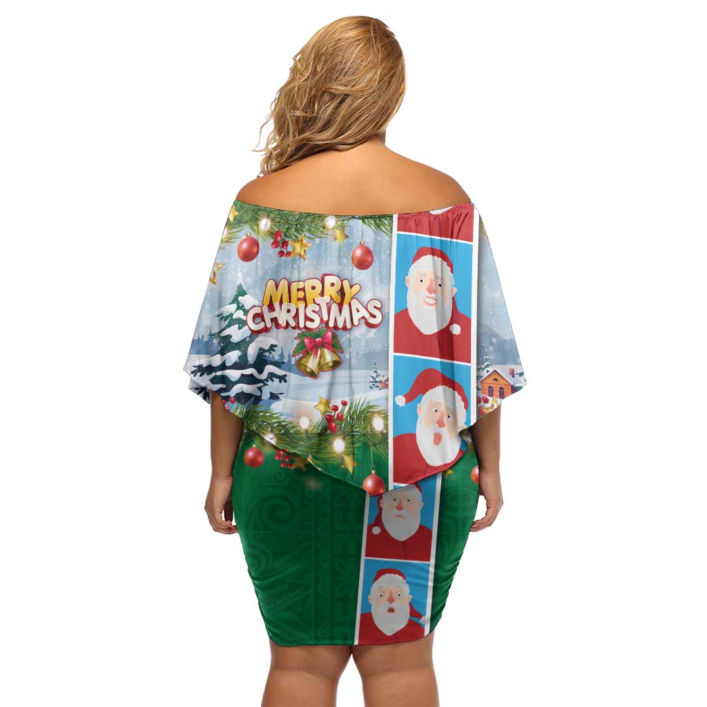 Merry Christmas Off Shoulder Short Dress Funny Santa Claus Cards Photo and Polynesian Pattern Green Color LT03 - Polynesian Pride