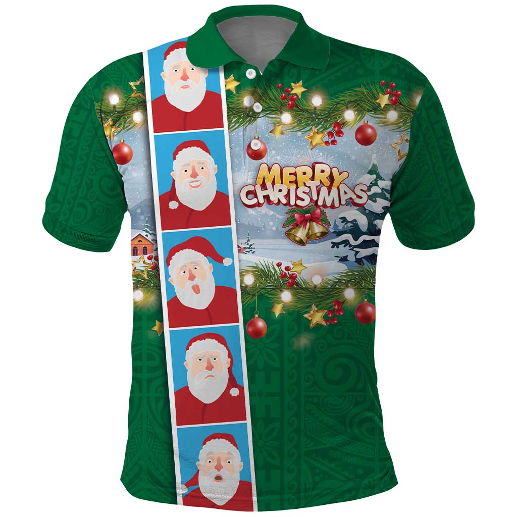 Merry Christmas Polo Shirt Funny Santa Claus Cards Photo and Polynesian Pattern Green Color LT03 Green - Polynesian Pride