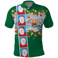 Merry Christmas Polo Shirt Funny Santa Claus Cards Photo and Polynesian Pattern Green Color LT03 Green - Polynesian Pride