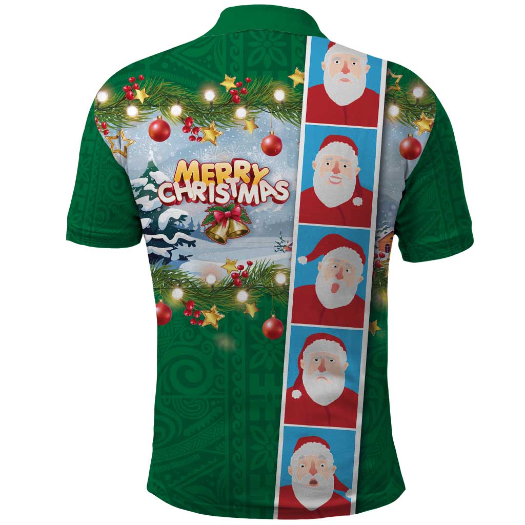 Merry Christmas Polo Shirt Funny Santa Claus Cards Photo and Polynesian Pattern Green Color LT03 - Polynesian Pride
