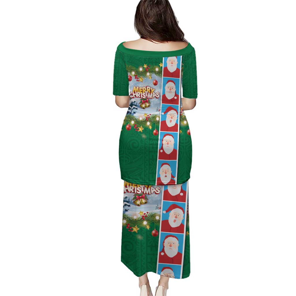 Merry Christmas Puletasi Funny Santa Claus Cards Photo and Polynesian Pattern Green Color LT03 - Polynesian Pride