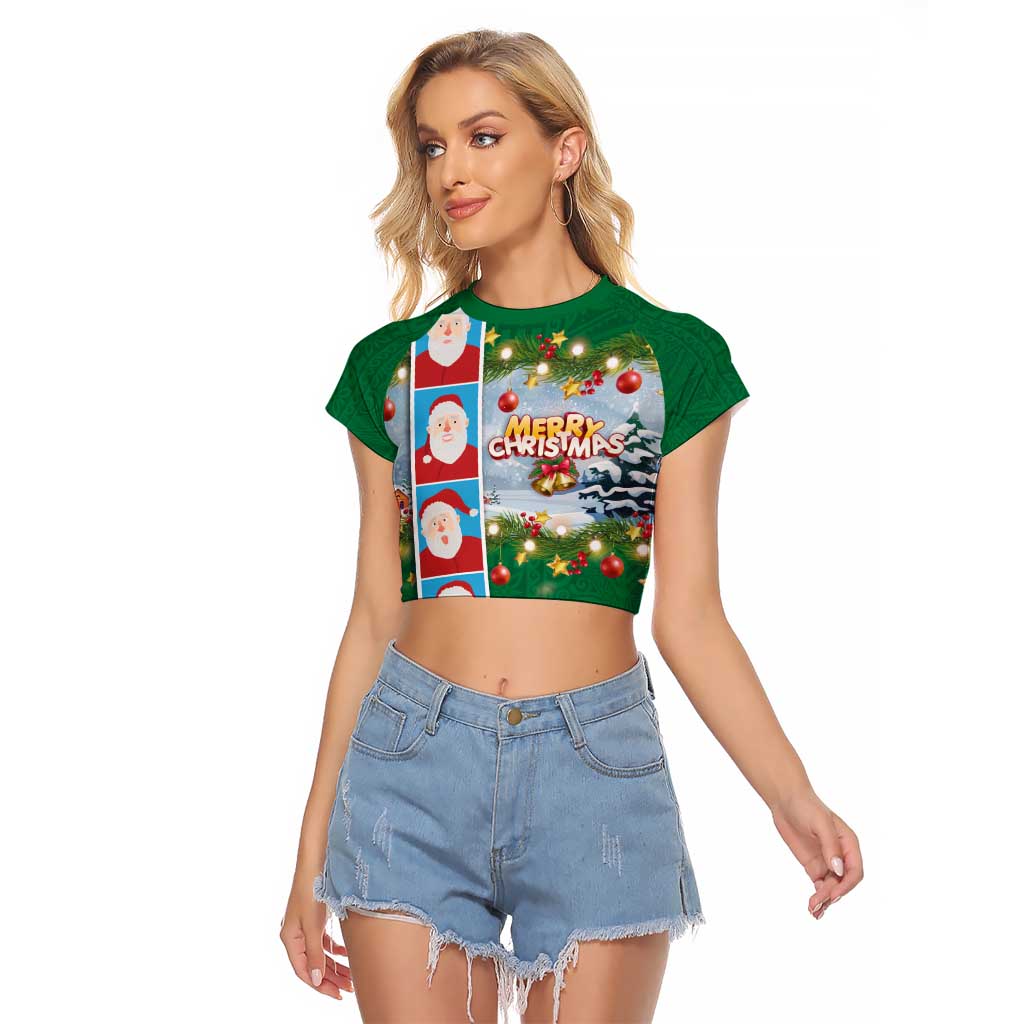 Merry Christmas Raglan Cropped T Shirt Funny Santa Claus Cards Photo and Polynesian Pattern Green Color LT03 Female Green - Polynesian Pride