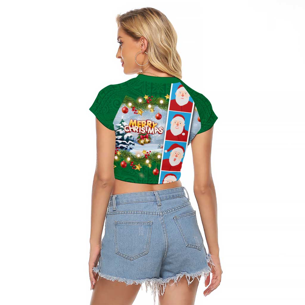 Merry Christmas Raglan Cropped T Shirt Funny Santa Claus Cards Photo and Polynesian Pattern Green Color LT03 - Polynesian Pride