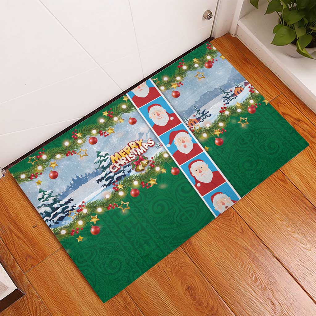 Merry Christmas Rubber Doormat Funny Santa Claus Cards Photo and Polynesian Pattern Green Color