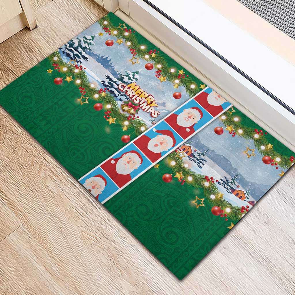 Merry Christmas Rubber Doormat Funny Santa Claus Cards Photo and Polynesian Pattern Green Color