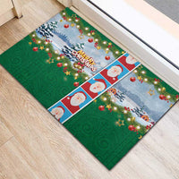 Merry Christmas Rubber Doormat Funny Santa Claus Cards Photo and Polynesian Pattern Green Color