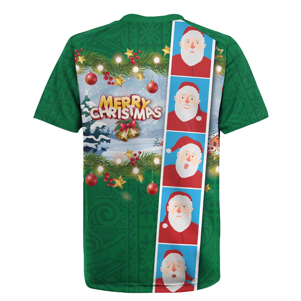 Merry Christmas Rugby Jersey Funny Santa Claus Cards Photo and Polynesian Pattern Green Color LT03 - Polynesian Pride