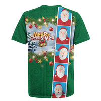 Merry Christmas Rugby Jersey Funny Santa Claus Cards Photo and Polynesian Pattern Green Color LT03 - Polynesian Pride