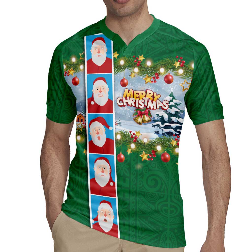 Merry Christmas Rugby Jersey Funny Santa Claus Cards Photo and Polynesian Pattern Green Color LT03 - Polynesian Pride