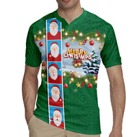 Merry Christmas Rugby Jersey Funny Santa Claus Cards Photo and Polynesian Pattern Green Color LT03 - Polynesian Pride