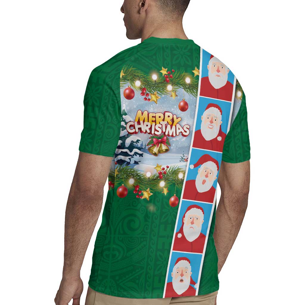 Merry Christmas Rugby Jersey Funny Santa Claus Cards Photo and Polynesian Pattern Green Color LT03 - Polynesian Pride