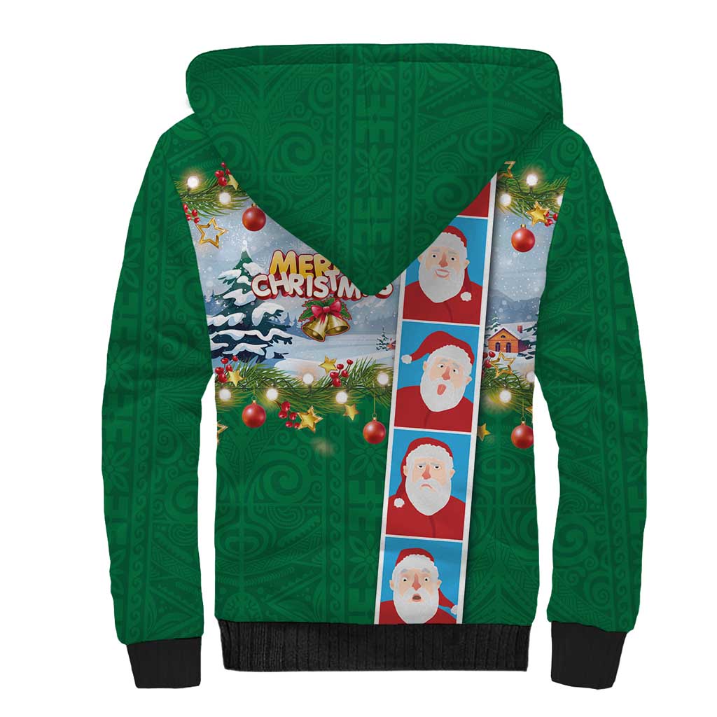 Merry Christmas Sherpa Hoodie Funny Santa Claus Cards Photo and Polynesian Pattern Green Color LT03 - Polynesian Pride