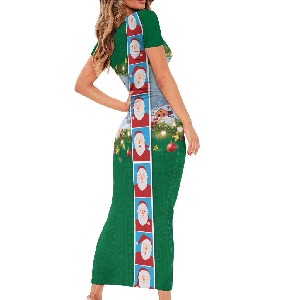 Merry Christmas Short Sleeve Bodycon Dress Funny Santa Claus Cards Photo and Polynesian Pattern Green Color LT03 - Polynesian Pride