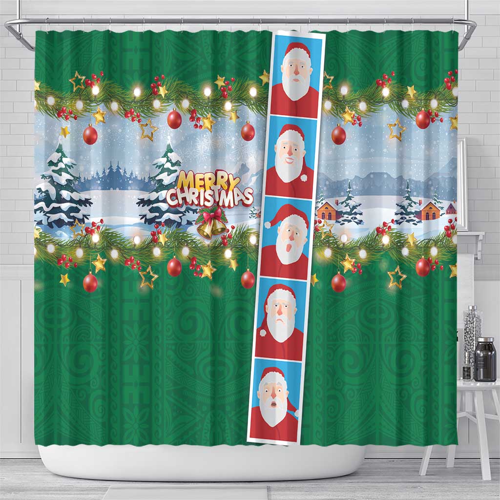 Merry Christmas Shower Curtain Funny Santa Claus Cards Photo and Polynesian Pattern Green Color LT03 - Polynesian Pride