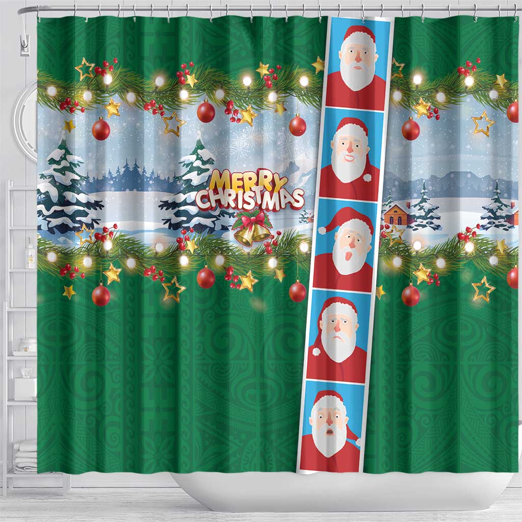 Merry Christmas Shower Curtain Funny Santa Claus Cards Photo and Polynesian Pattern Green Color LT03 - Polynesian Pride