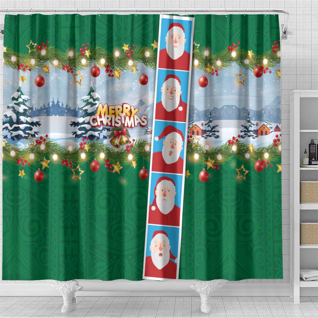 Merry Christmas Shower Curtain Funny Santa Claus Cards Photo and Polynesian Pattern Green Color LT03 - Polynesian Pride
